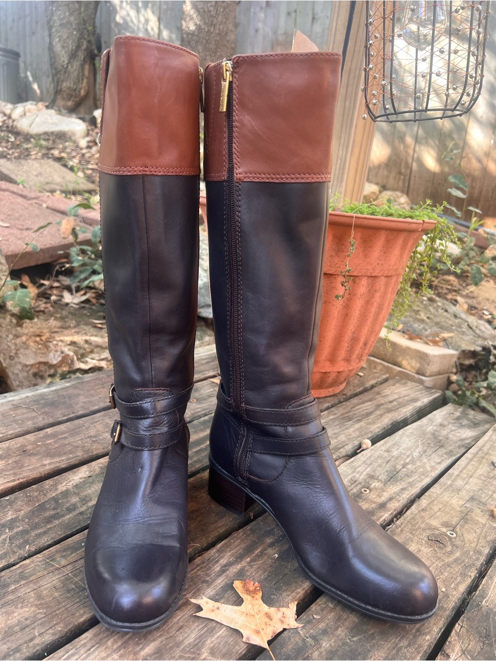 Bandolino Two-Tone Brown Leather Riding Boots - Tall Women's Boots 6.5